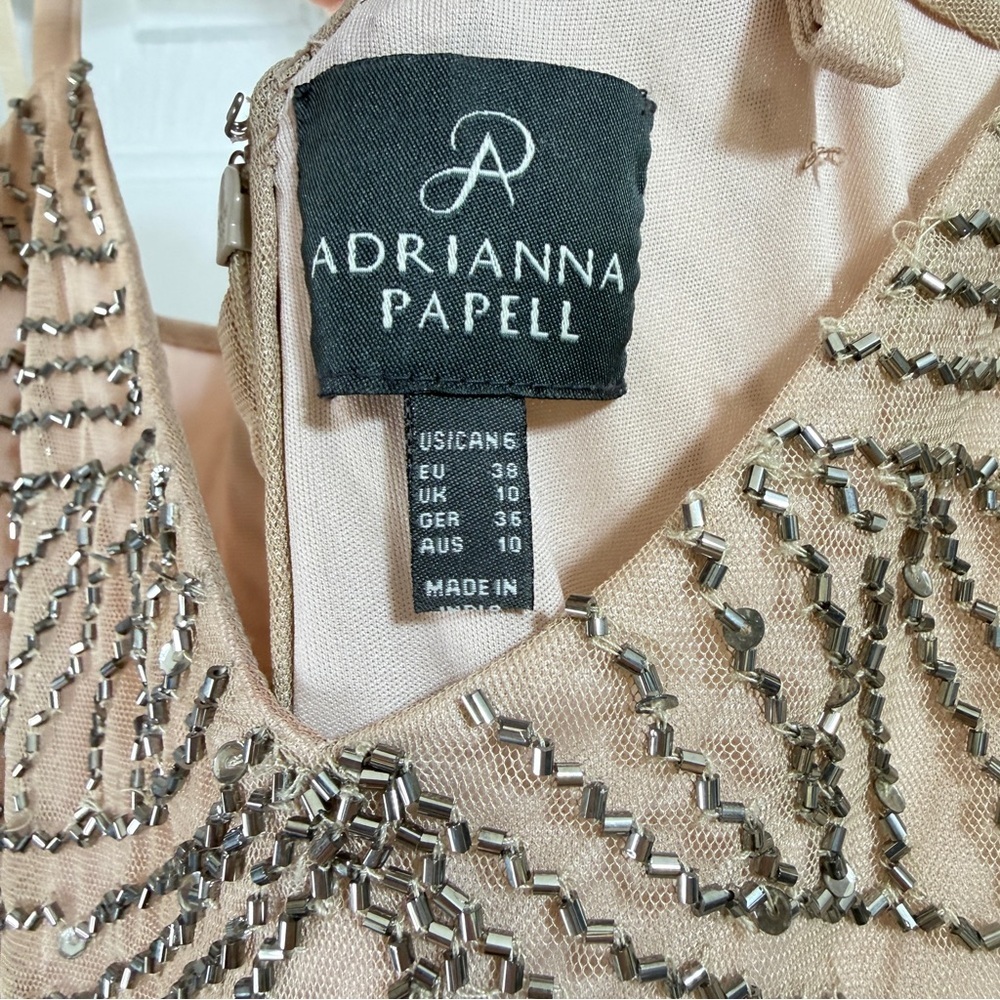 Adrianna Papell Beaded Mesh Blouson Dress Sz 6 Taupe pink formal maxi Gown - Picture 6 of 8